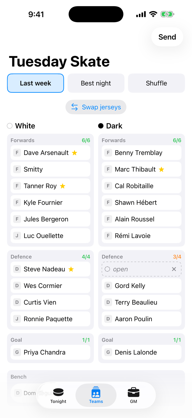 Team builder — White and Dark columns, an open defence spot waiting