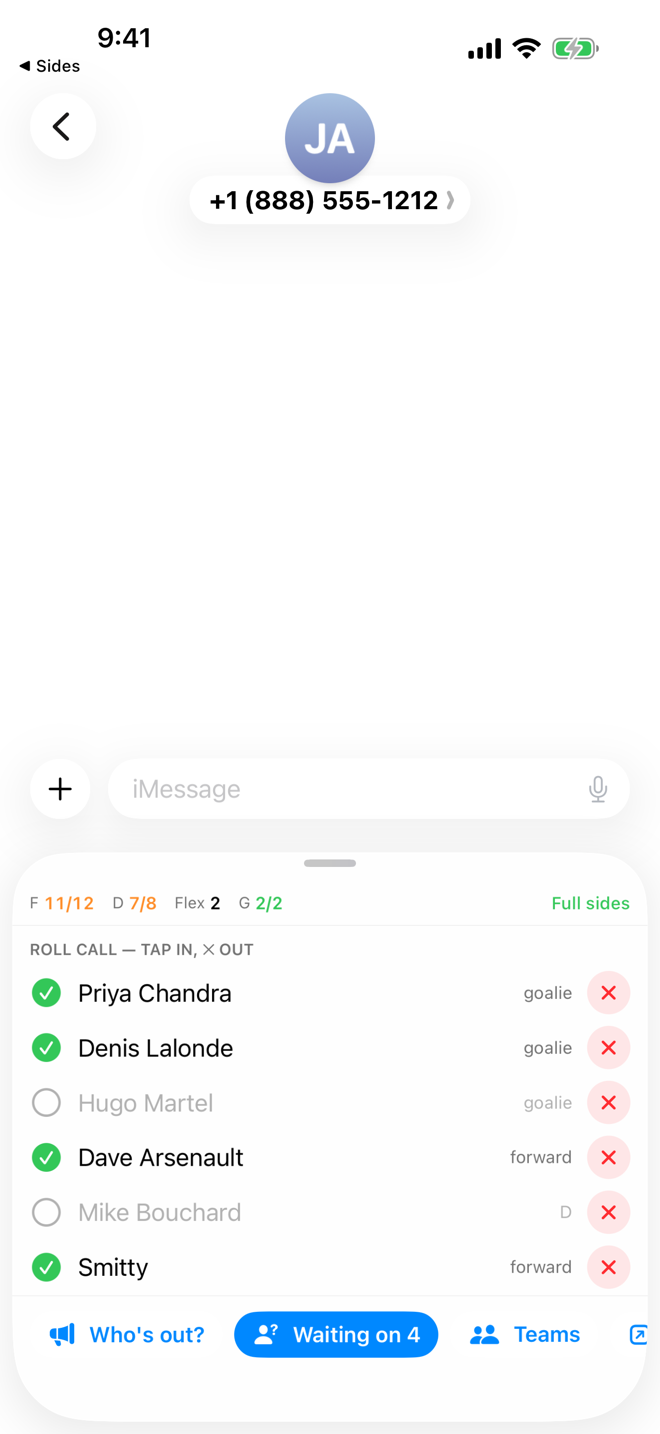 The Sides drawer inside a Messages thread — the roll call without leaving the chat