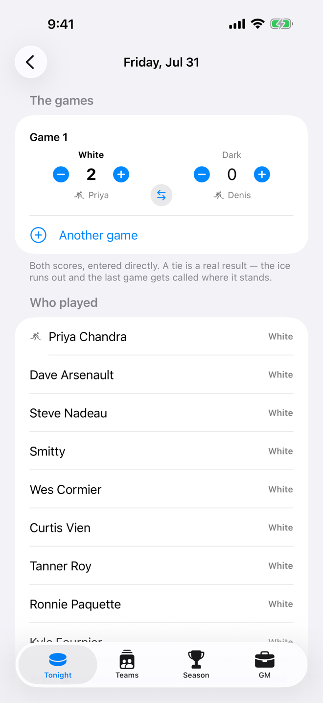 The night's game scored 2–0 — who played, and the season tab